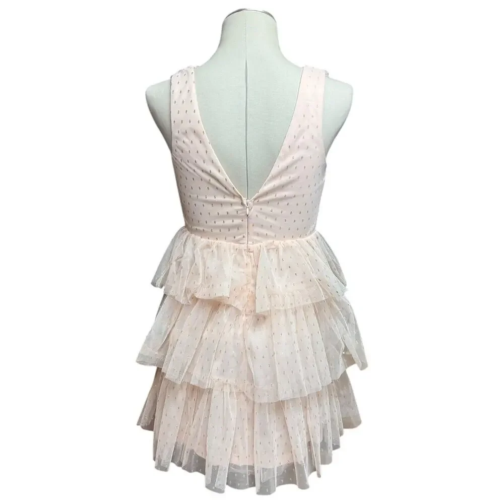 Lulus Forever Sparkling Sleeveless Plunge Tiered Mini Dress Pink Gold Small